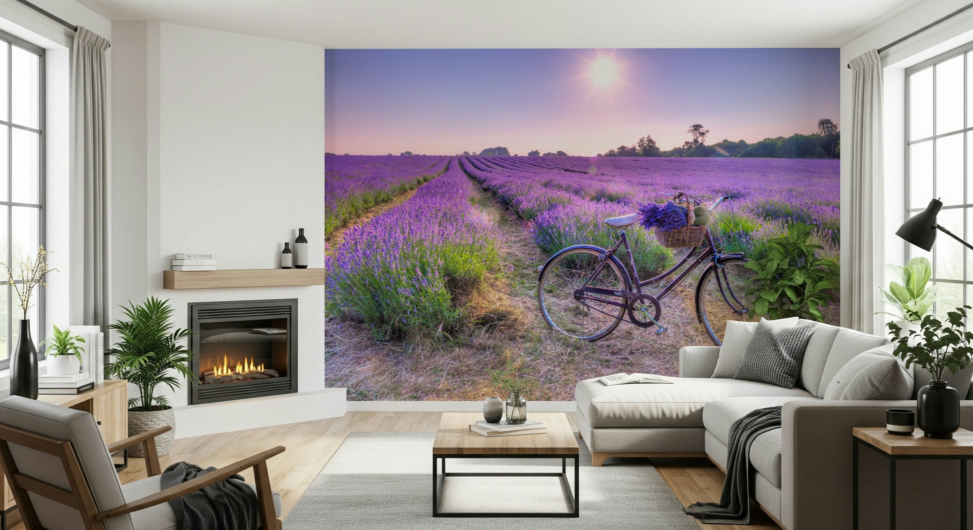 Lavender Ride bicycle field wall mural, peaceful sunset view.