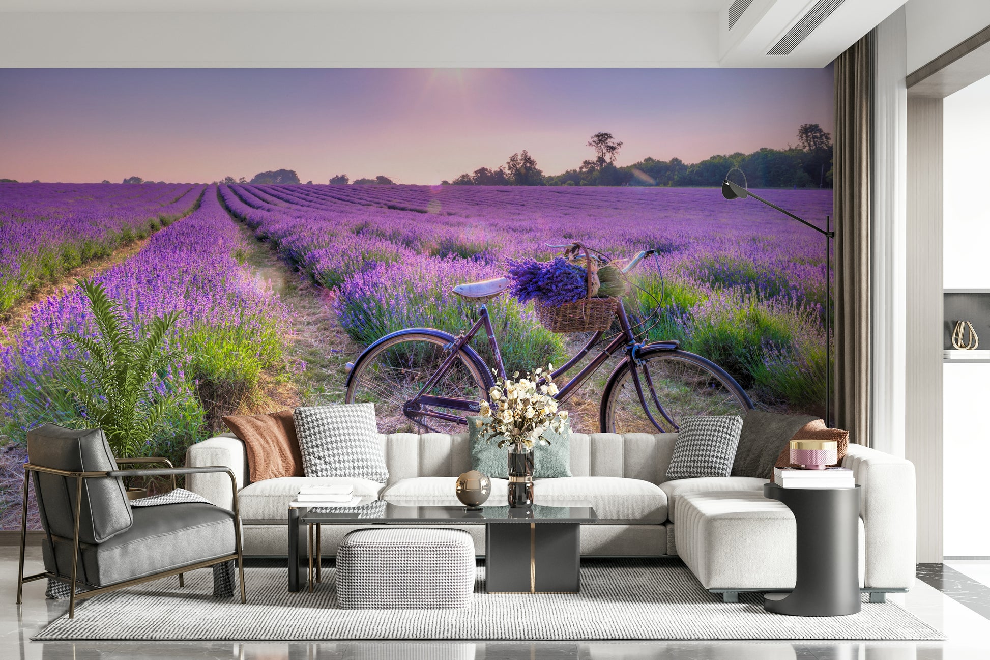 Serene Lavender Ride landscape wallpaper for walls, tranquil rural setting.
