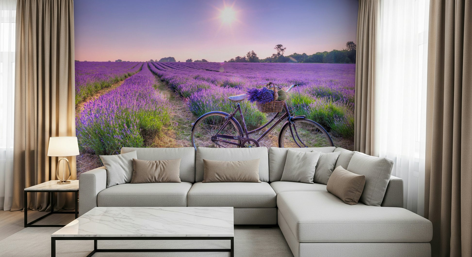 Charming Lavender Ride antique bicycle picture, pastoral aesthetic wallpaper.