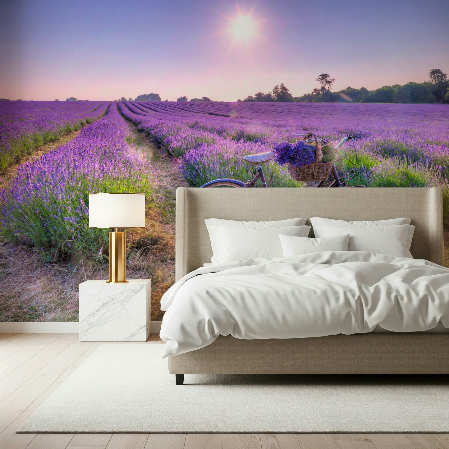 Basket of flowers Lavender Ride image, calming nature wallpaper for rooms.