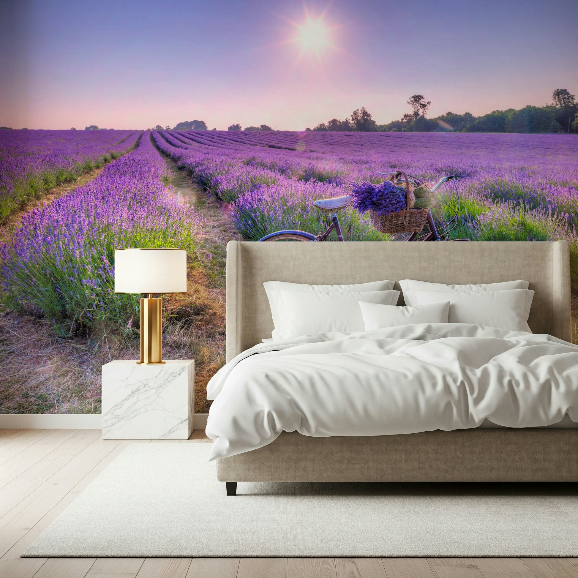 Basket of flowers Lavender Ride image, calming nature wallpaper for rooms.