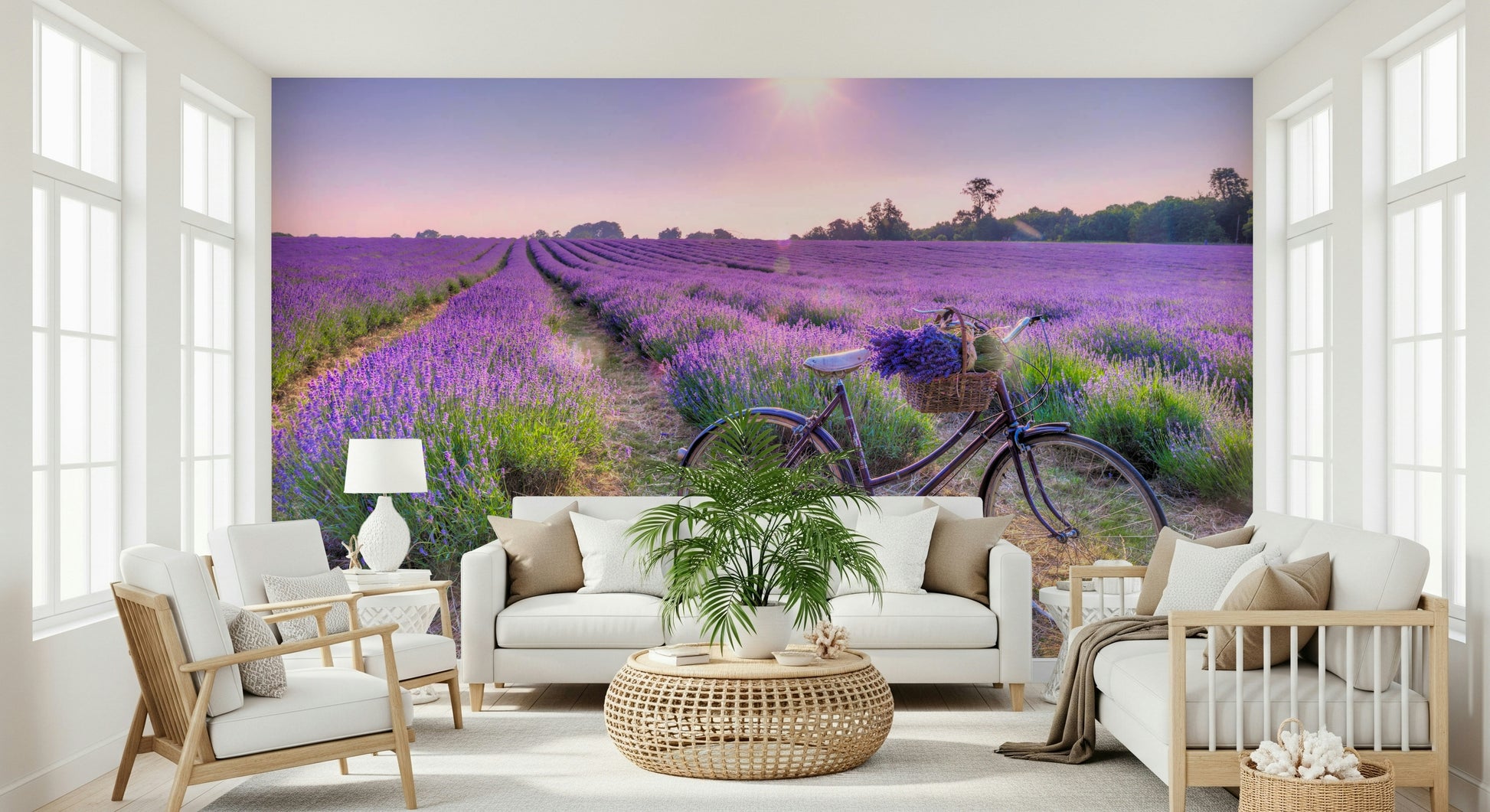 Romantic Lavender Ride scene, vintage bike in purple meadow wallpaper.