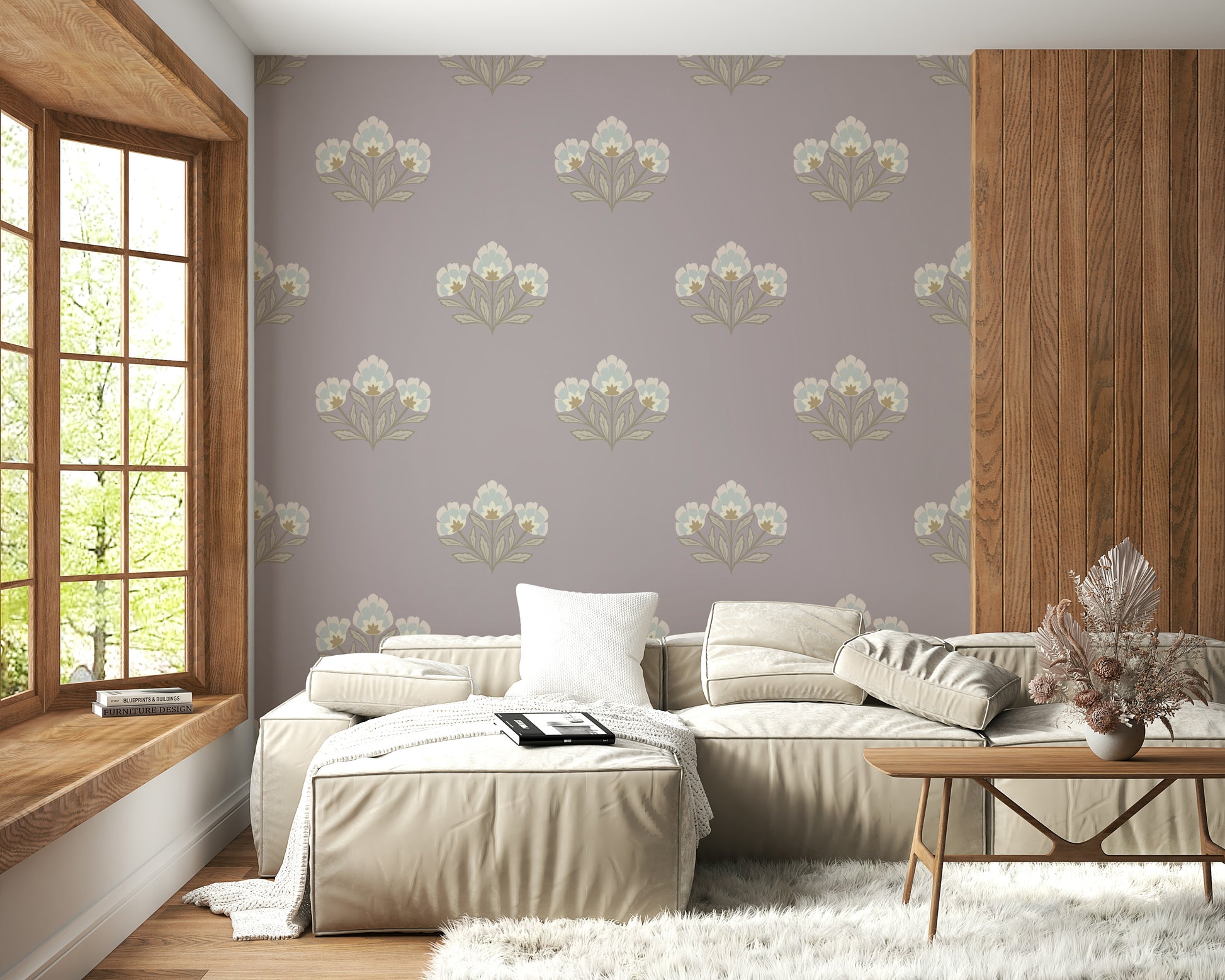 Muted lilac wall mural, delicate petals pattern, neutral home décor.