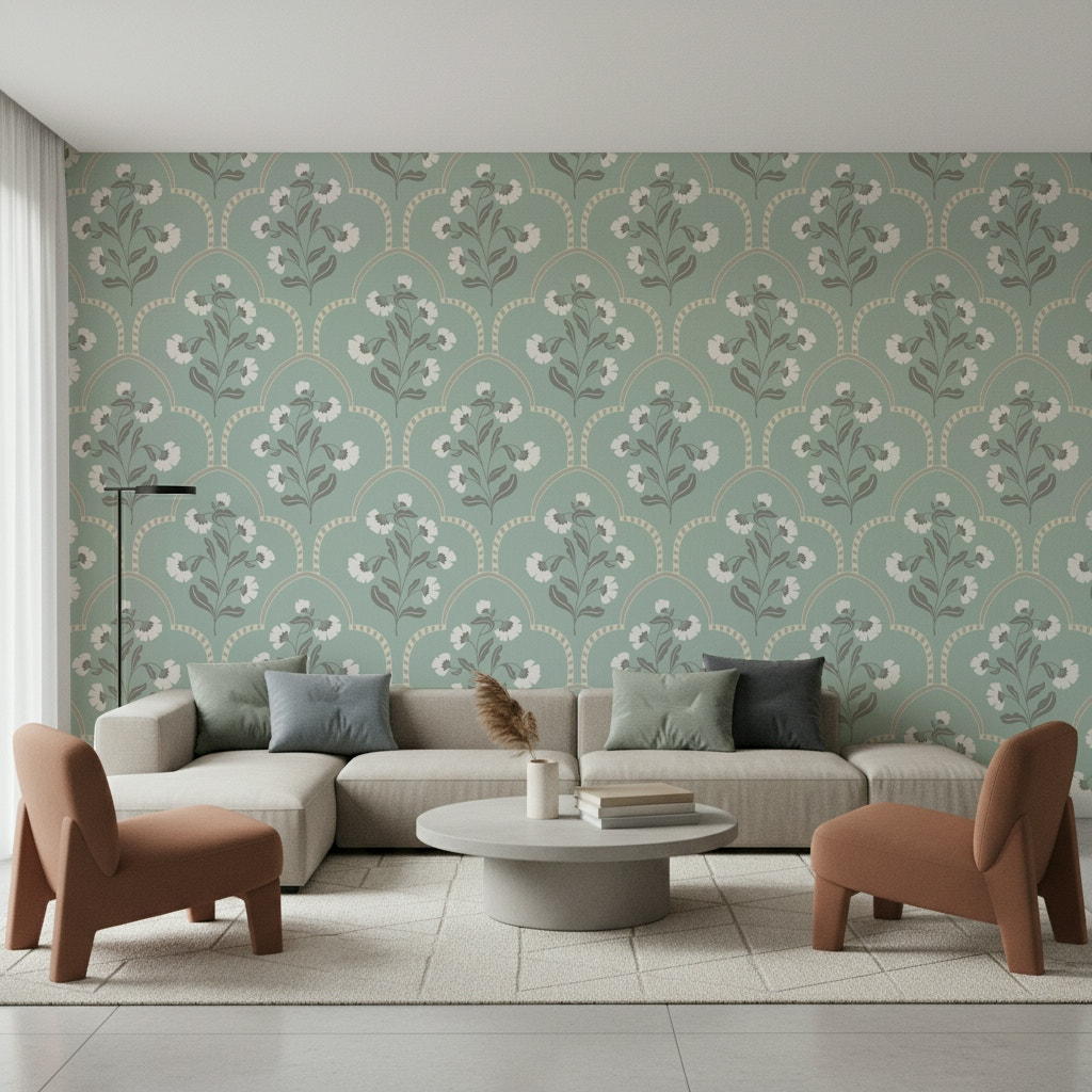Arched Floral Elegance wallpaper, sage green curved geometric design.