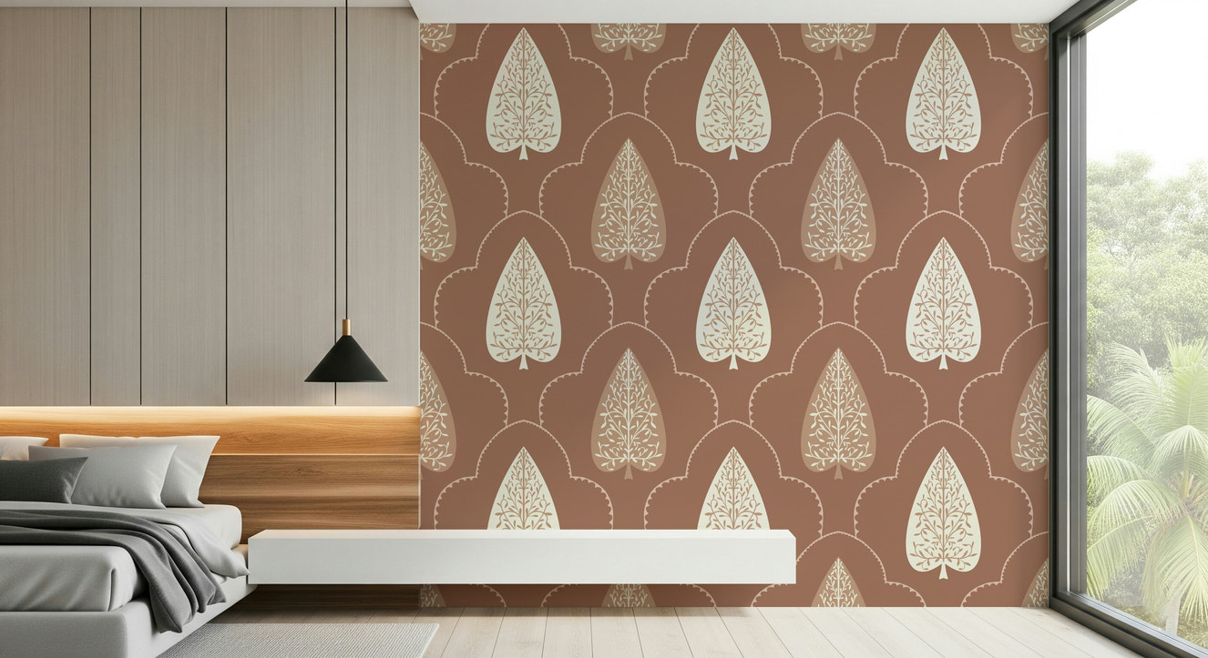 Arboreal Accent wallpaper, organic leaf pattern, rust brown tones.
