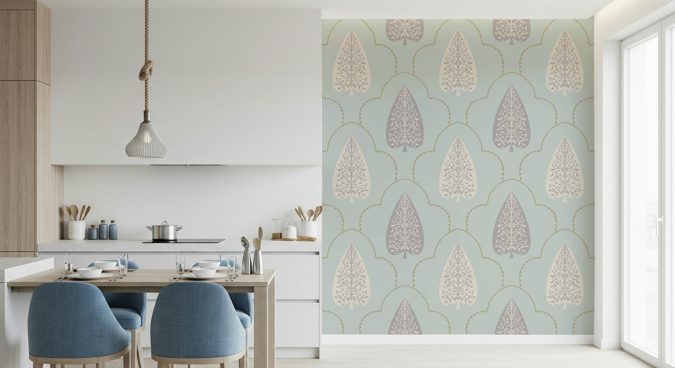 Tranquil Trellis wallpaper serene sage color leaf motif design.