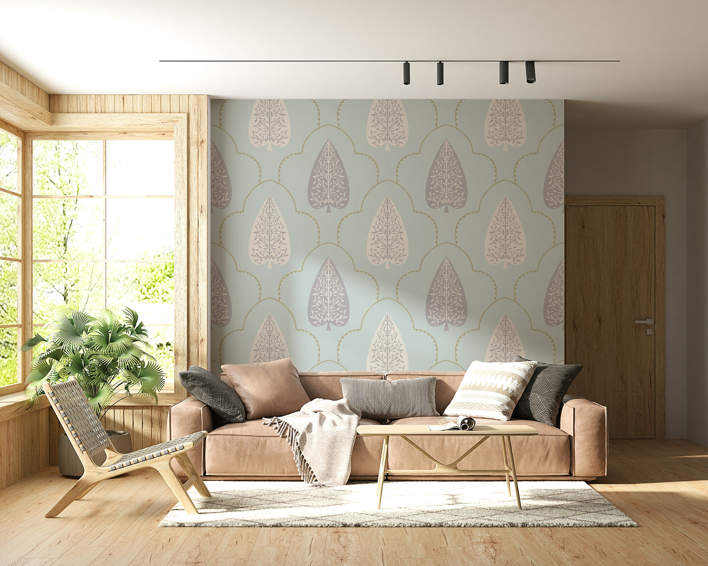 Tranquil Trellis wallpaper fresco style pattern with serpentine edge.