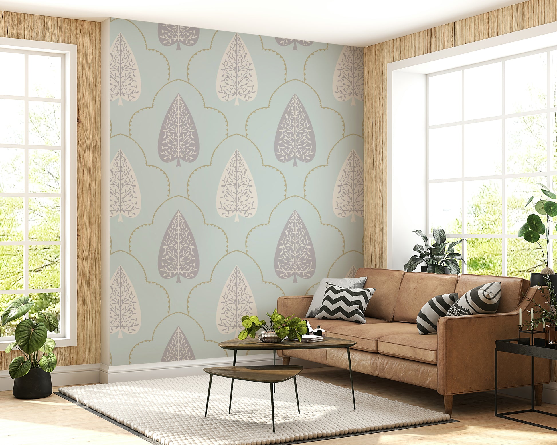 Tranquil Trellis wall mural blush and stone intricate design.