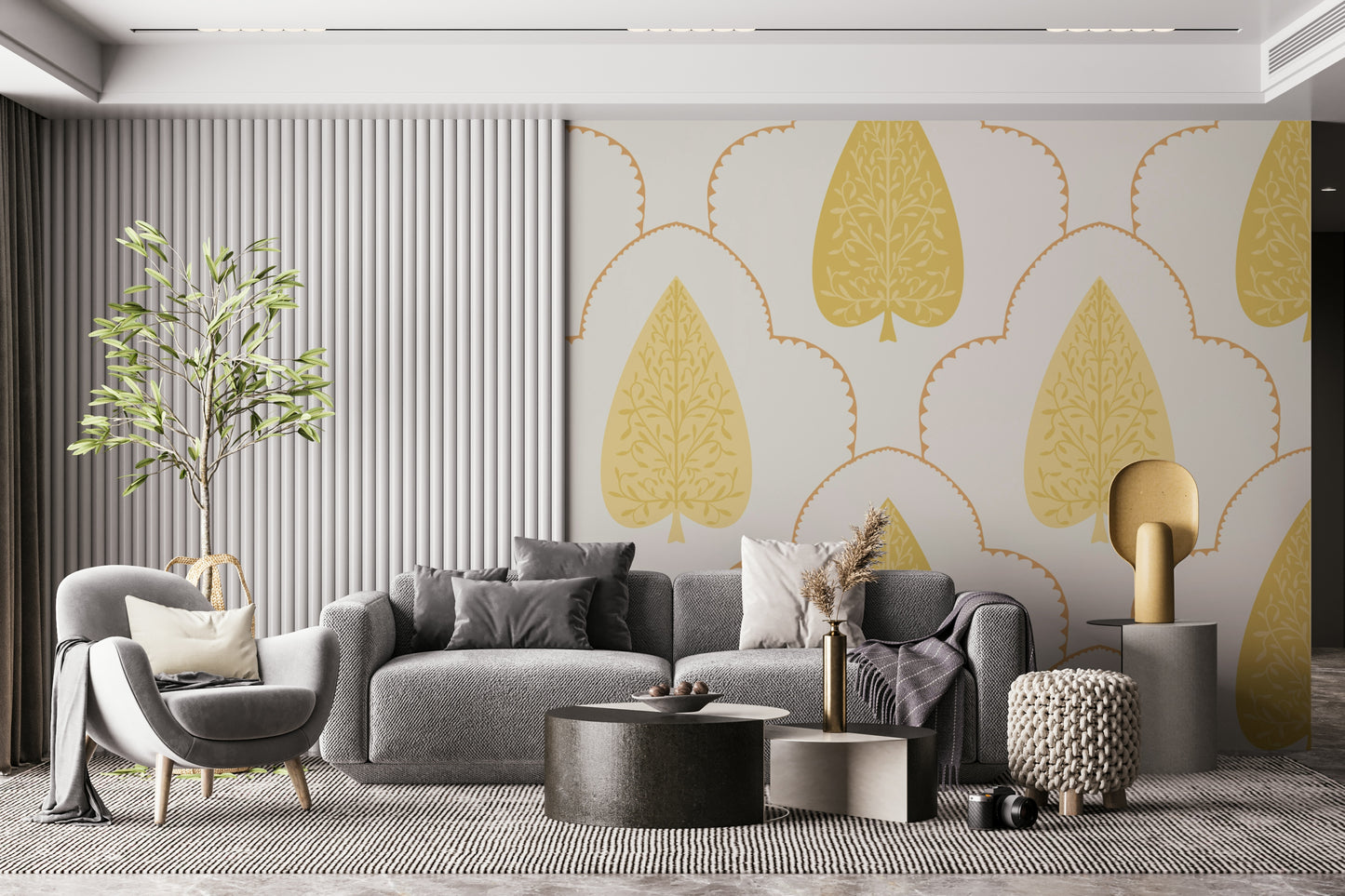 Rich botanical shield wallpaper, classic gold accent print, Golden Branch.