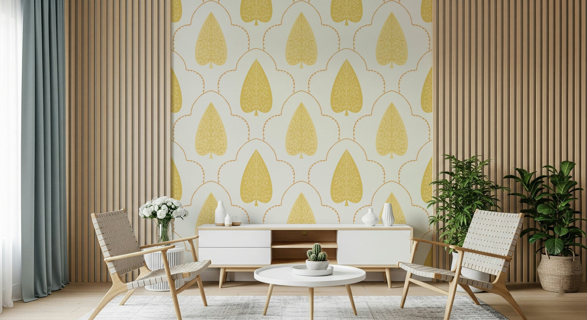 Mughal inspired leaf wall mural, Golden Branch, detailed ornate pattern.