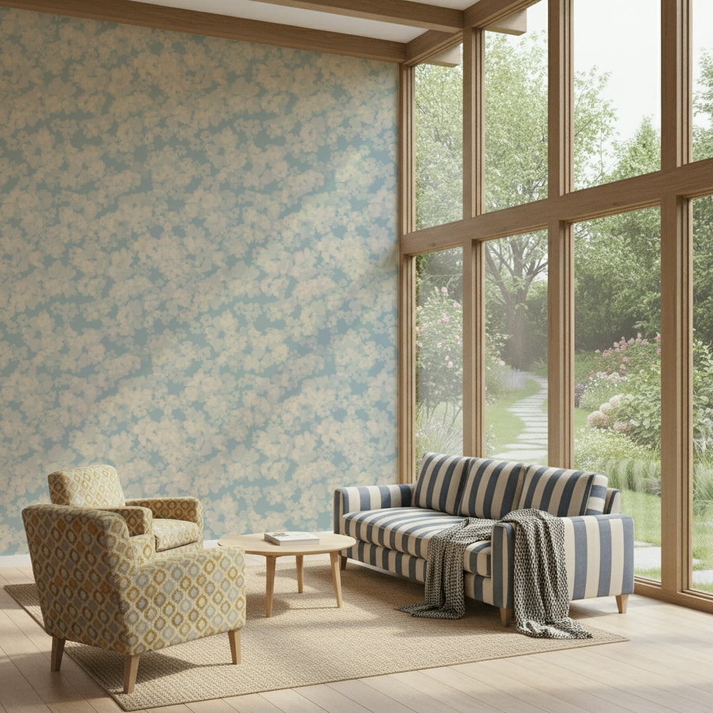 Tranquil azure flower wallpaper, sophisticated texture pattern, Painted Petals Calm.