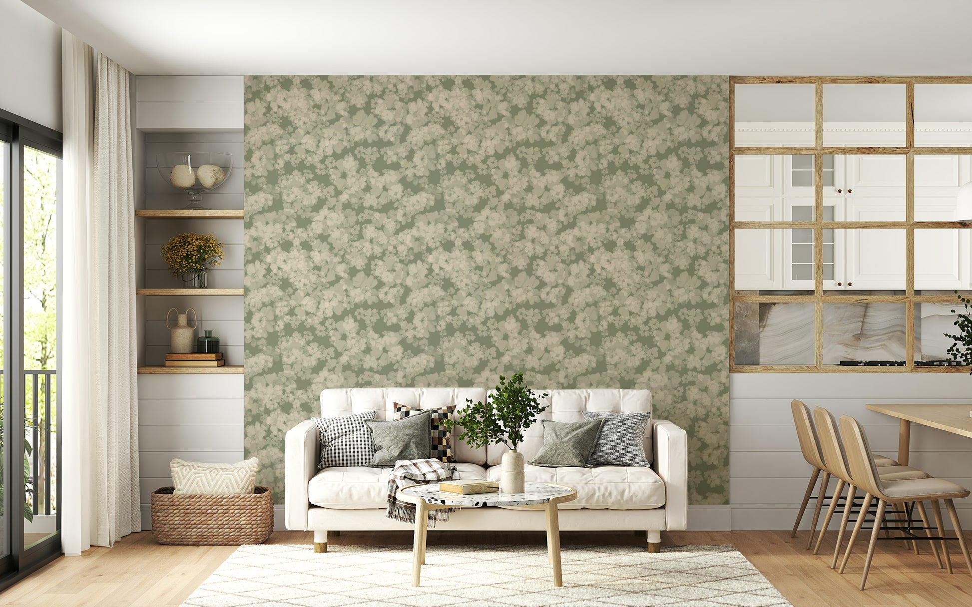 Gentle blossom design, sophisticated wallpaper, peaceful atmosphere, luxury style.