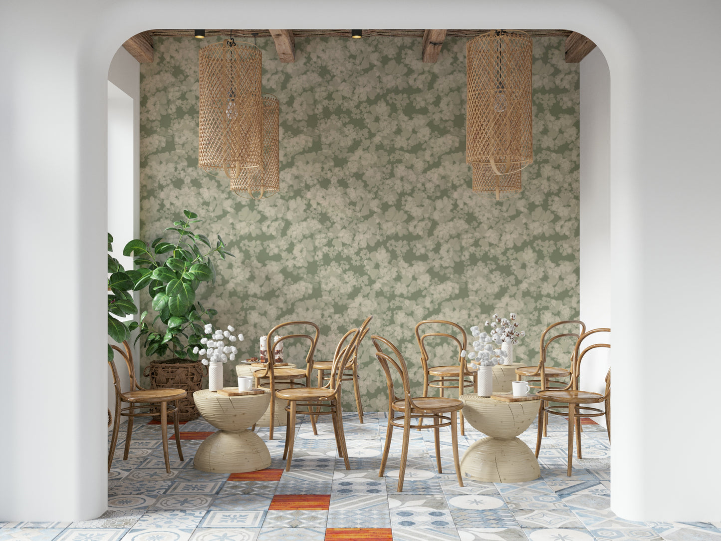 Painterly soft blossoms wall covering, muted green canvas, romantic vintage feel.