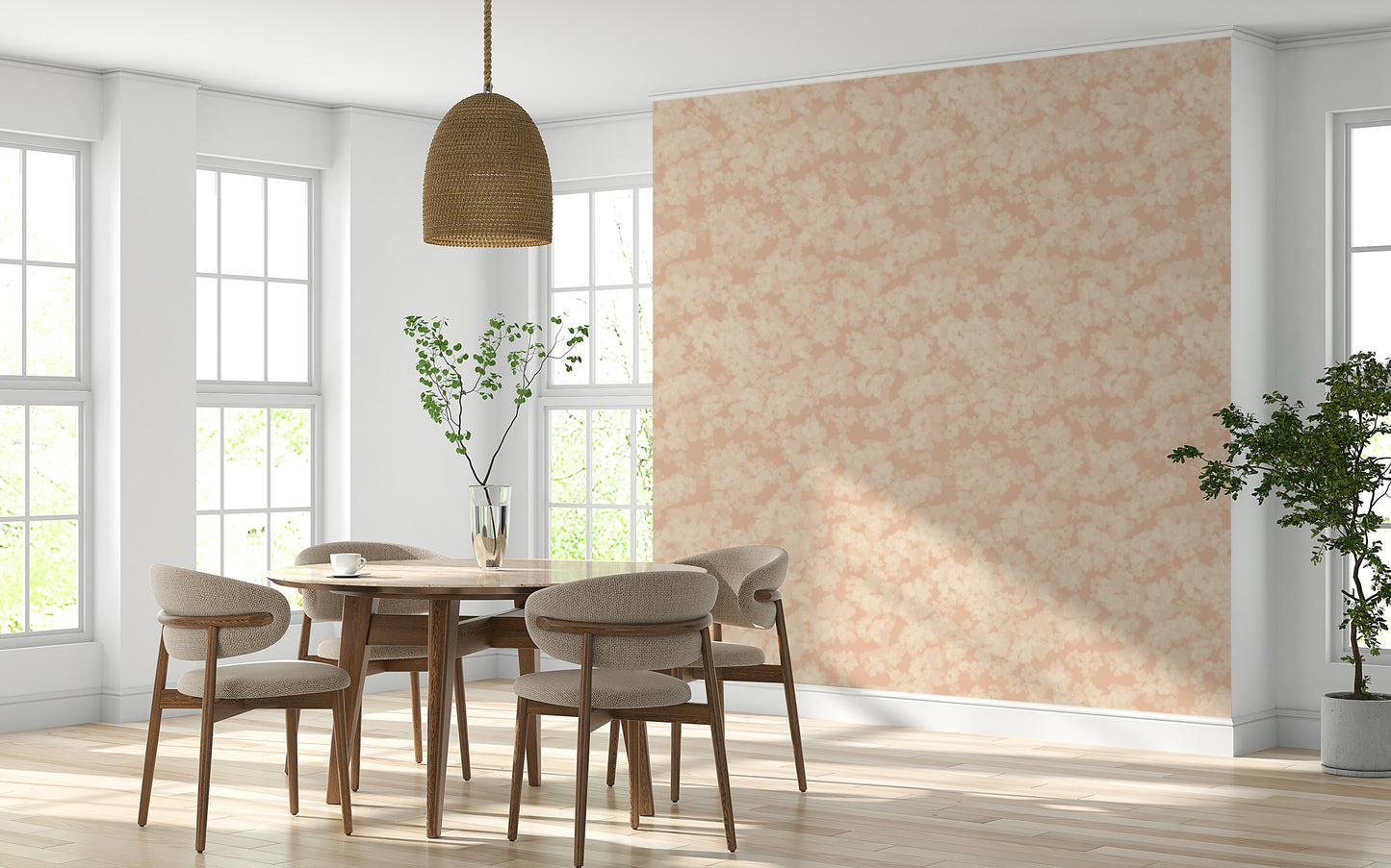 Subtle blurred botanical motif on Blush Bloom Brushstrokes mural.