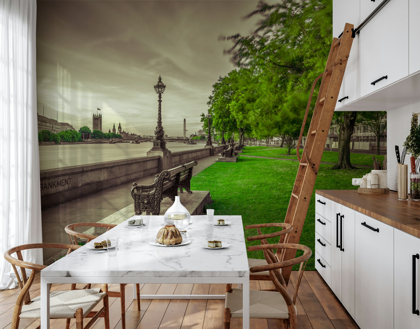 Quaint riverside seating area in Restful Moments by the Thames mural product.
