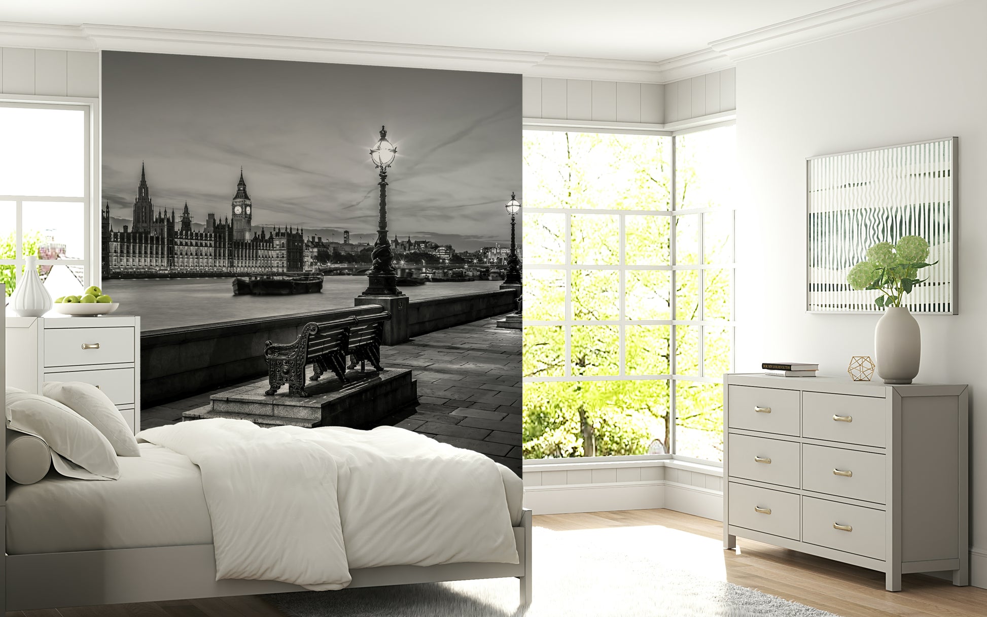 Westminster Palace wall mural, famous landmarks silhouette, evening urban panorama.