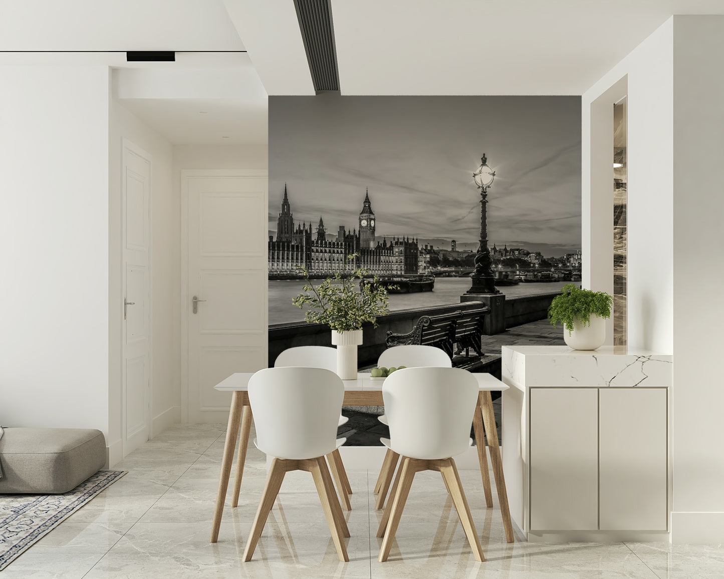 Atmospheric cityscape wallpaper for walls, historic riverbank benches, antique street lamps.