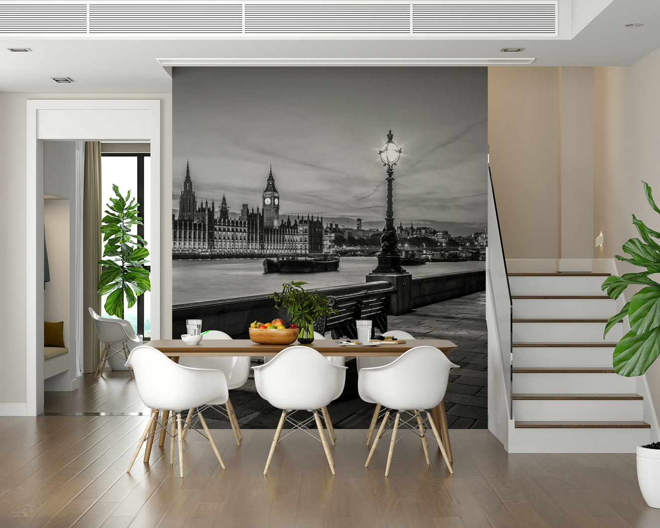 A London Icon wall mural, Big Ben clock tower illuminated across River Thames at dusk.