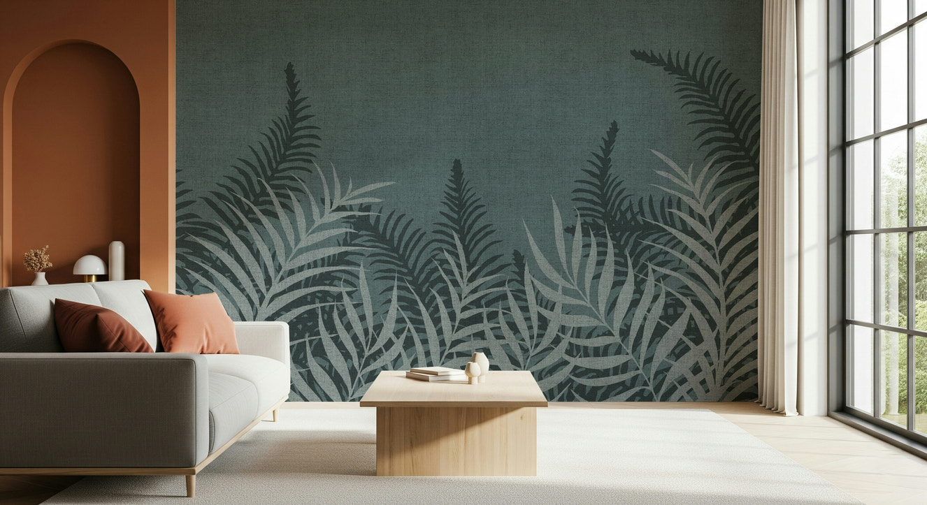 Into The Jungle wallpaper fern silhouette blue textile pattern wall mural.