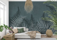 Abstract foliage wall mural in cool, sophisticated marine blue and steel tones.