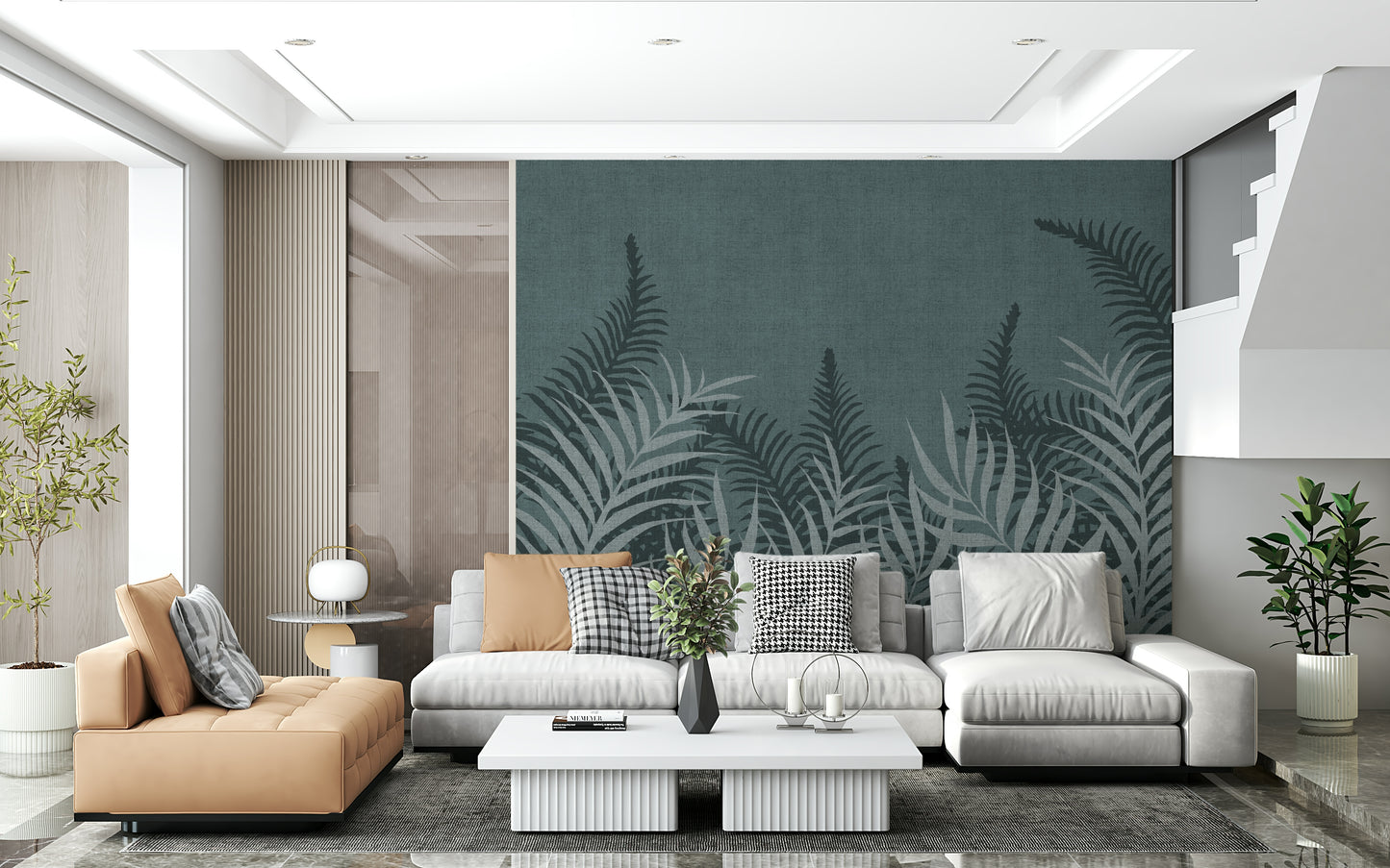 Textured deep-sea blue wall covering, light tropical leaves, stylish interior mural.
