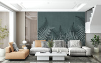 Textured deep-sea blue wall covering, light tropical leaves, stylish interior mural.