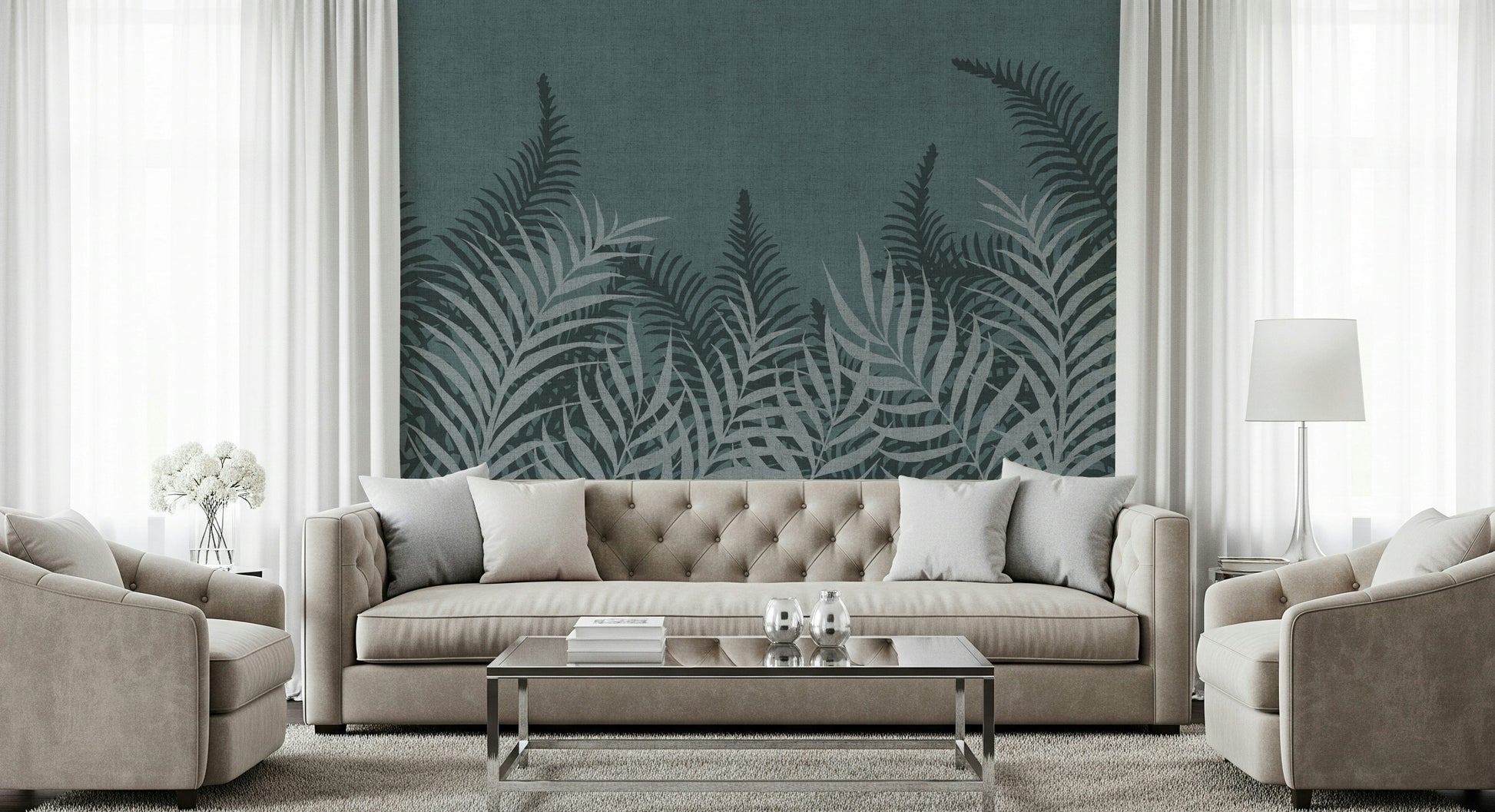 The Jungle Fog wallpaper for walls, layered palms, mysterious and beautiful artwork.