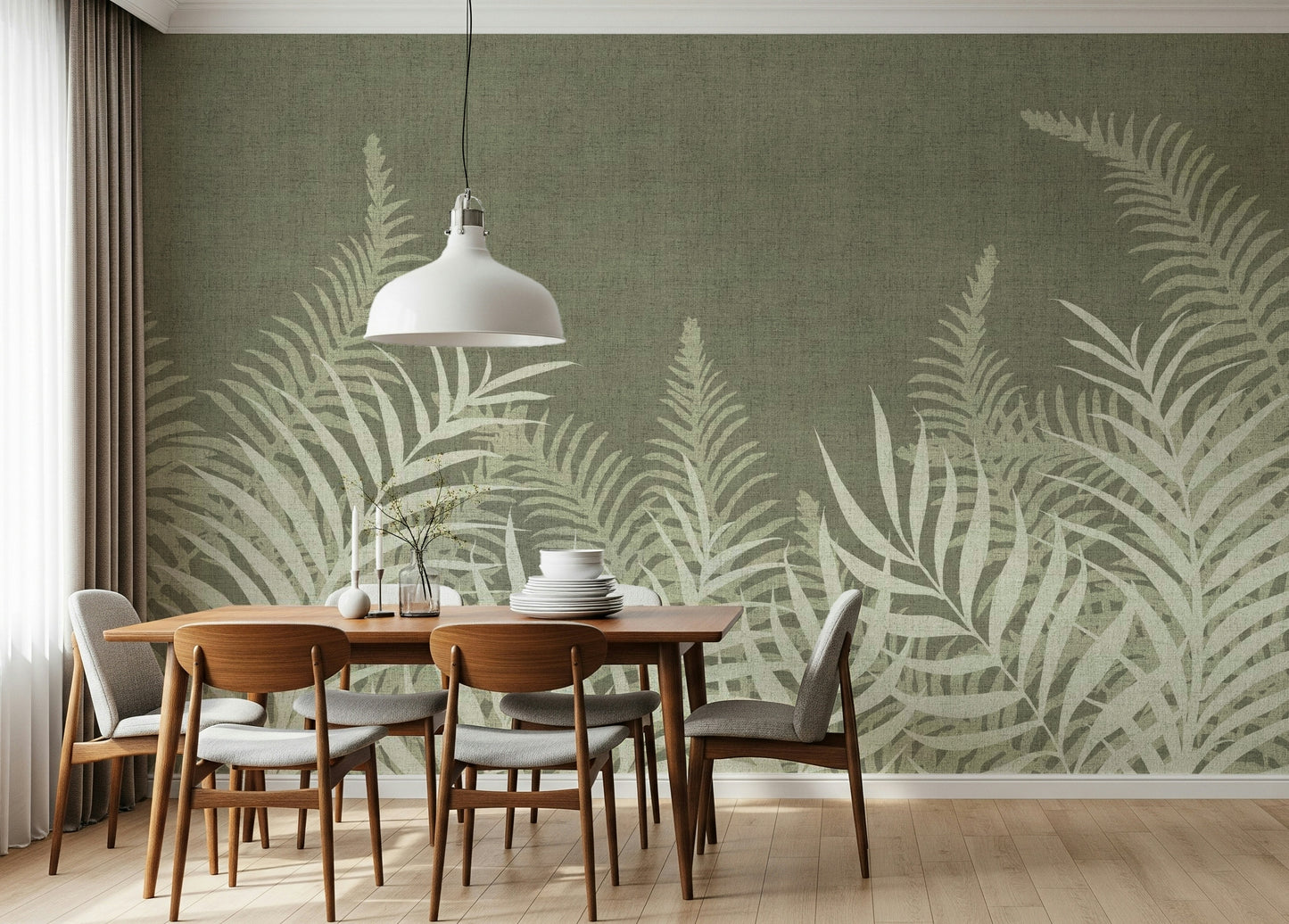 Textured green wall mural, stylish tropical foliage accent piece.