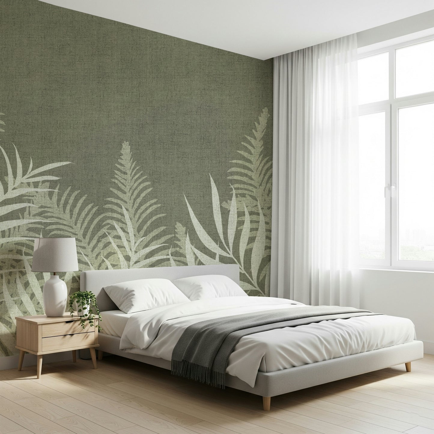 Elegant fern print wall mural, perfect for bedroom or living space.