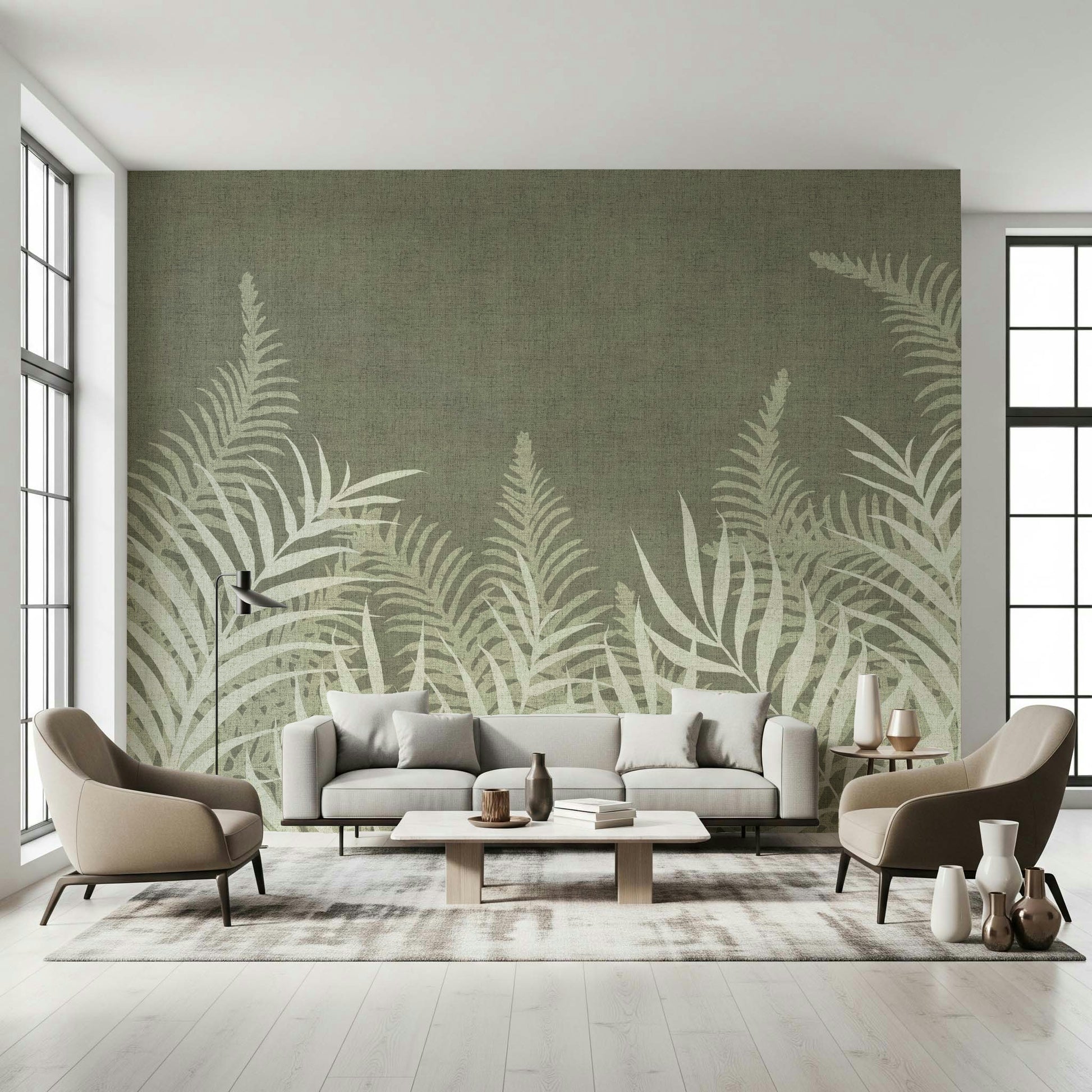 Naturalistic leaf design wallpaper in a refined sage palette.