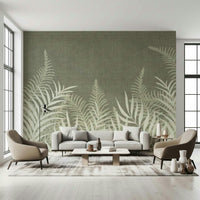 Naturalistic leaf design wallpaper in a refined sage palette.