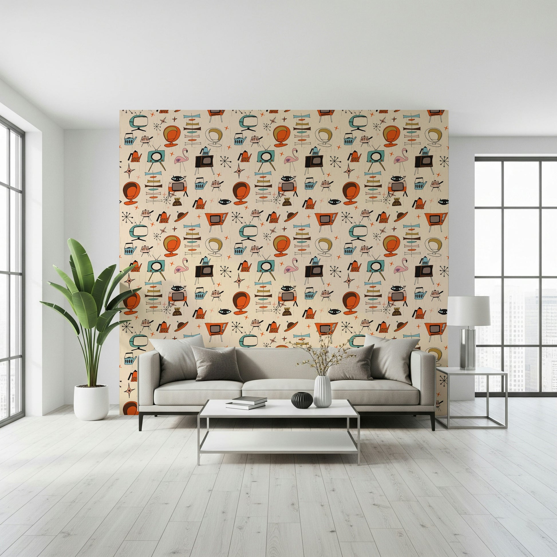 Cartoonish Wallpaper for Walls, Atomic Retro Motifs, Beige Ground.