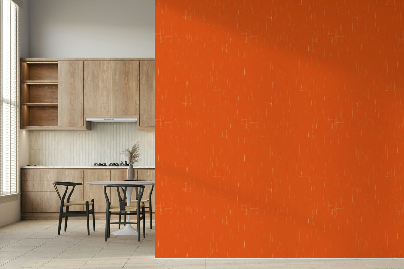 Vibrant orange Mod Atomic wallpaper, linen texture with white flecking detail.