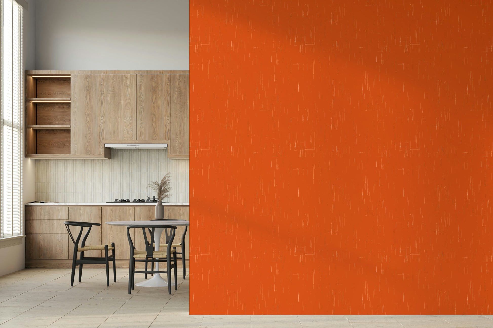 Vibrant orange Mod Atomic wallpaper, linen texture with white flecking detail.