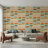 Retro mid mod pattern with bright accents—orange, teal, brown blocks—wall covering.