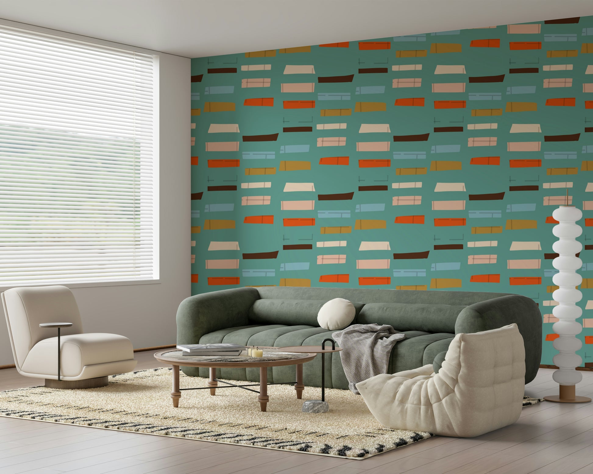 Abstract forms dancing on aquamarine surface; joyful and innovative wall decoration.