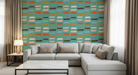 Retro blocks in blue, tan, burnt orange hues; wonderful graphic wall covering.