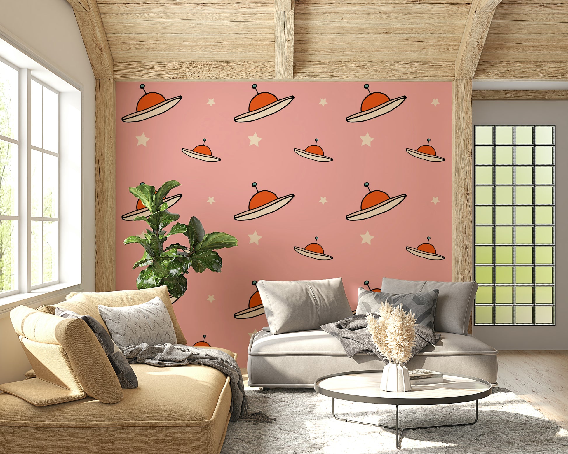 Kids Minimal Vintage UFO Pink wallcovering, blush background baby room decor.