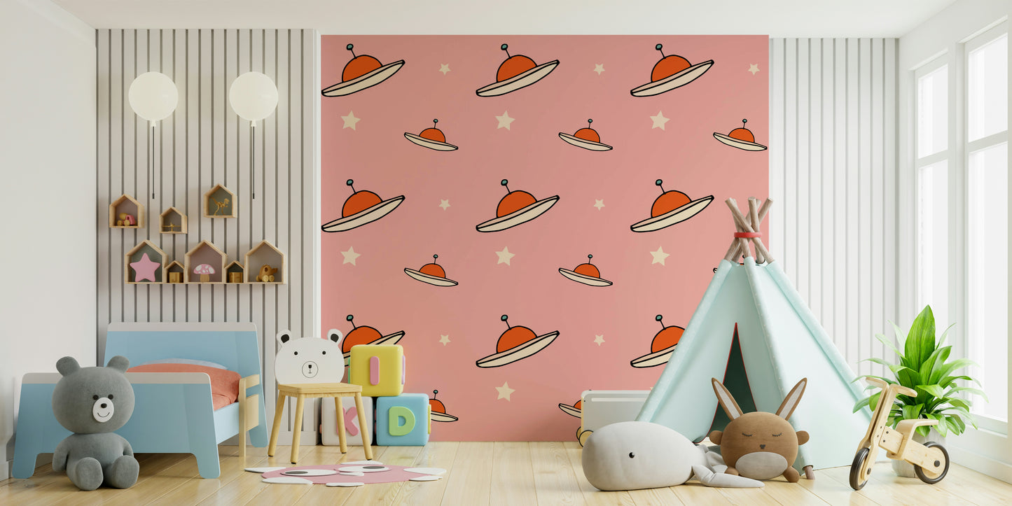 Accent Kids Minimal Vintage UFO Pink wallpaper, great playful accent wall.