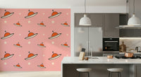 Nursery Kids Minimal Vintage UFO Pink product, charming retro alien spaceships.