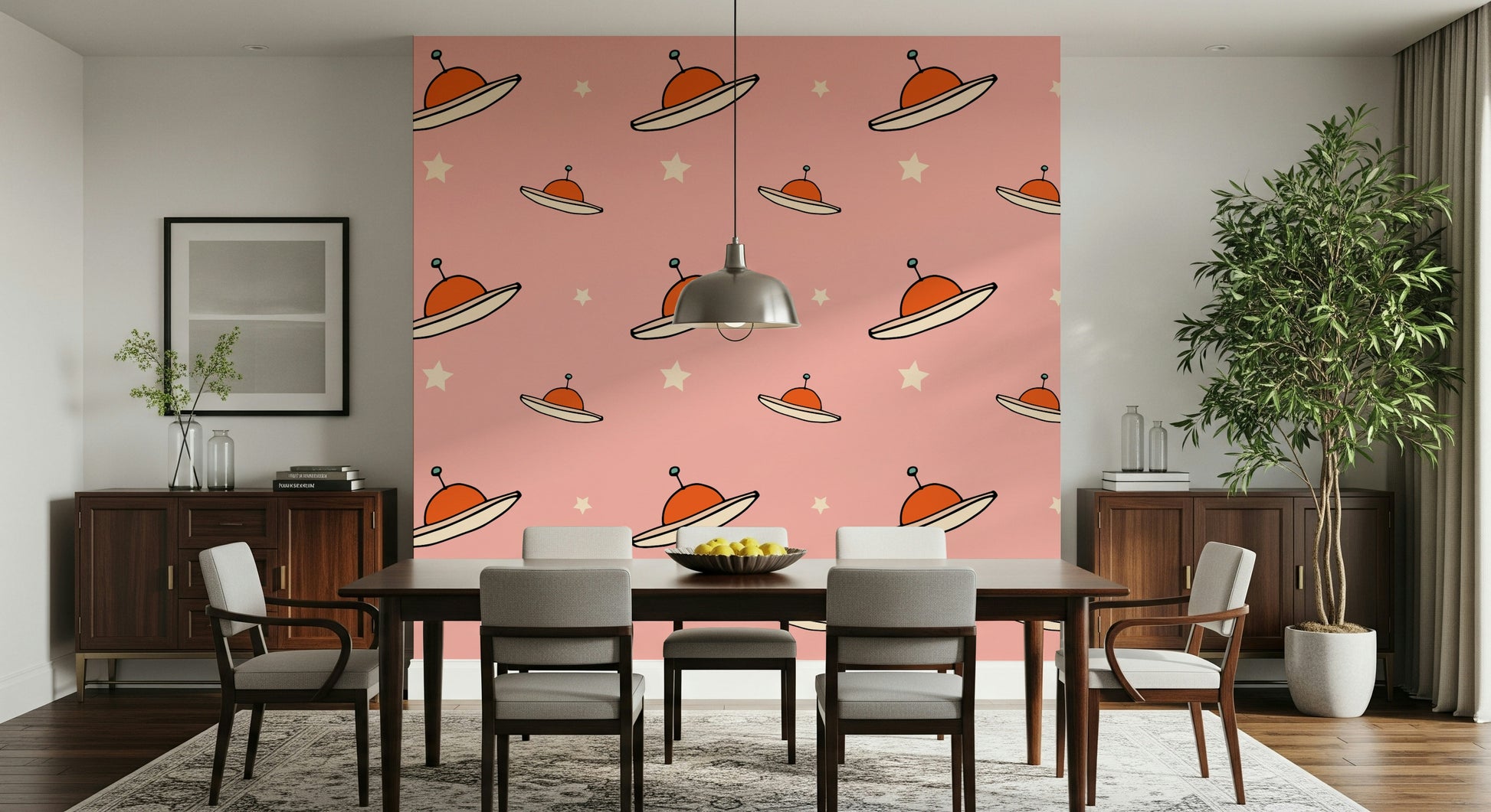 Space-themed Kids Minimal Vintage UFO Pink mural for walls, adorable design.
