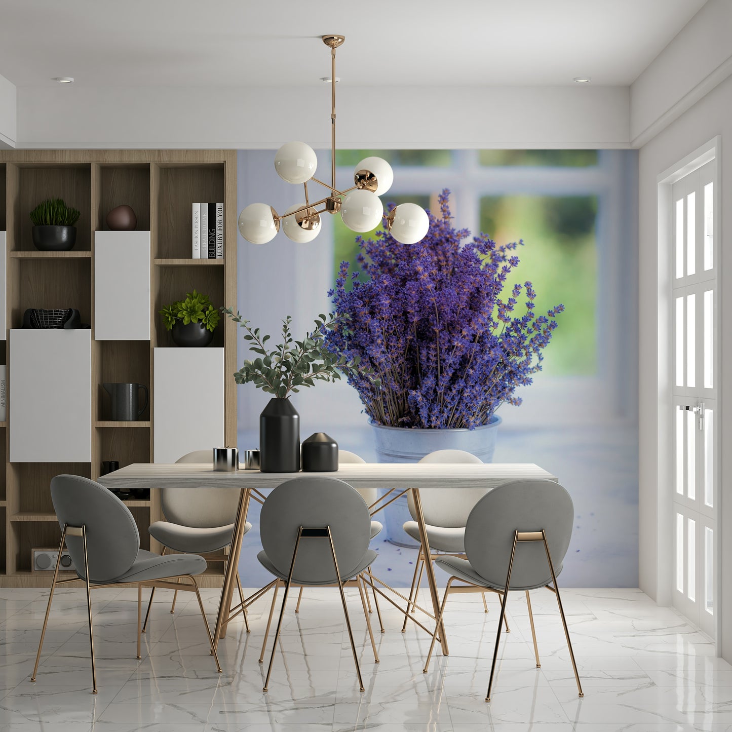 Dried lavender sprigs standing inside a shiny silver bucket accent image.