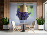 Aromatic lavender stems against bright window setting; calming art piece.