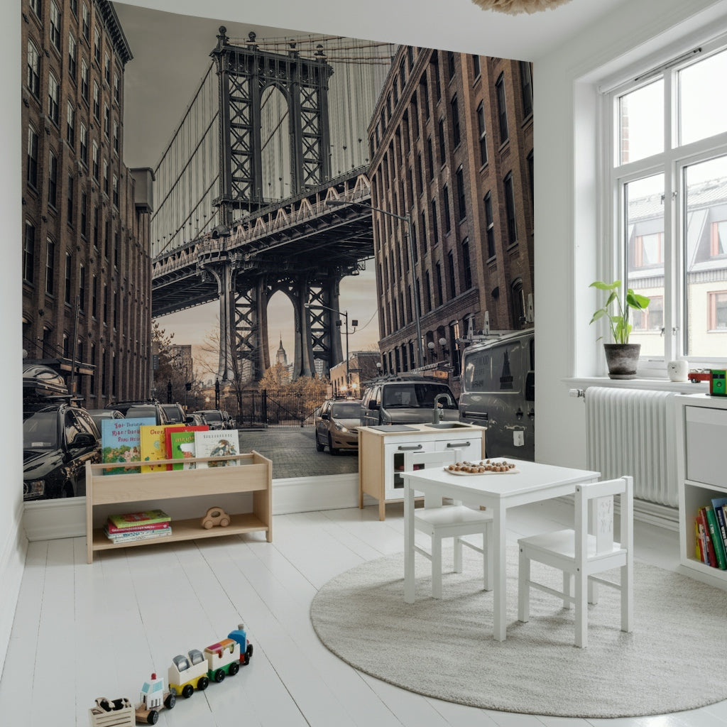 Atmospheric New York City Bridge from Dumbo print, beautiful street lighting.