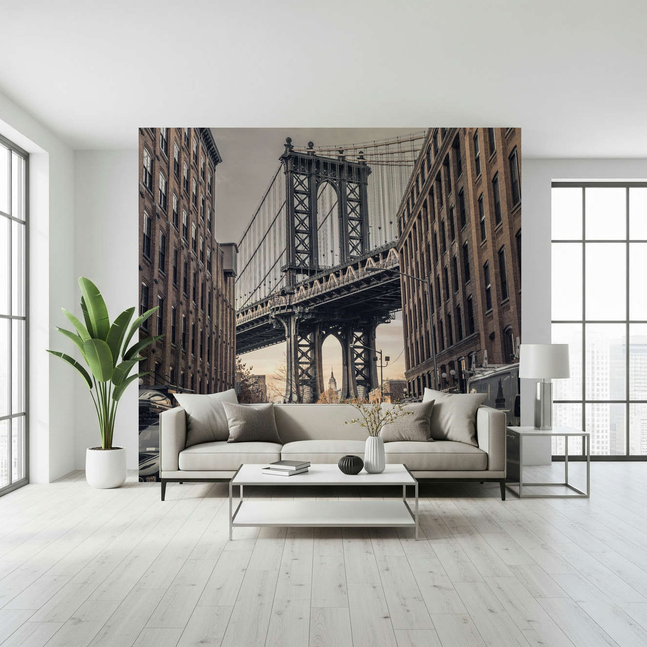 Bridge from Dumbo view wall mural, cobblestone street, towering brick buildings.