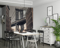 Powerful architectural view Bridge from Dumbo mural wallpaper, urban canyon feel.