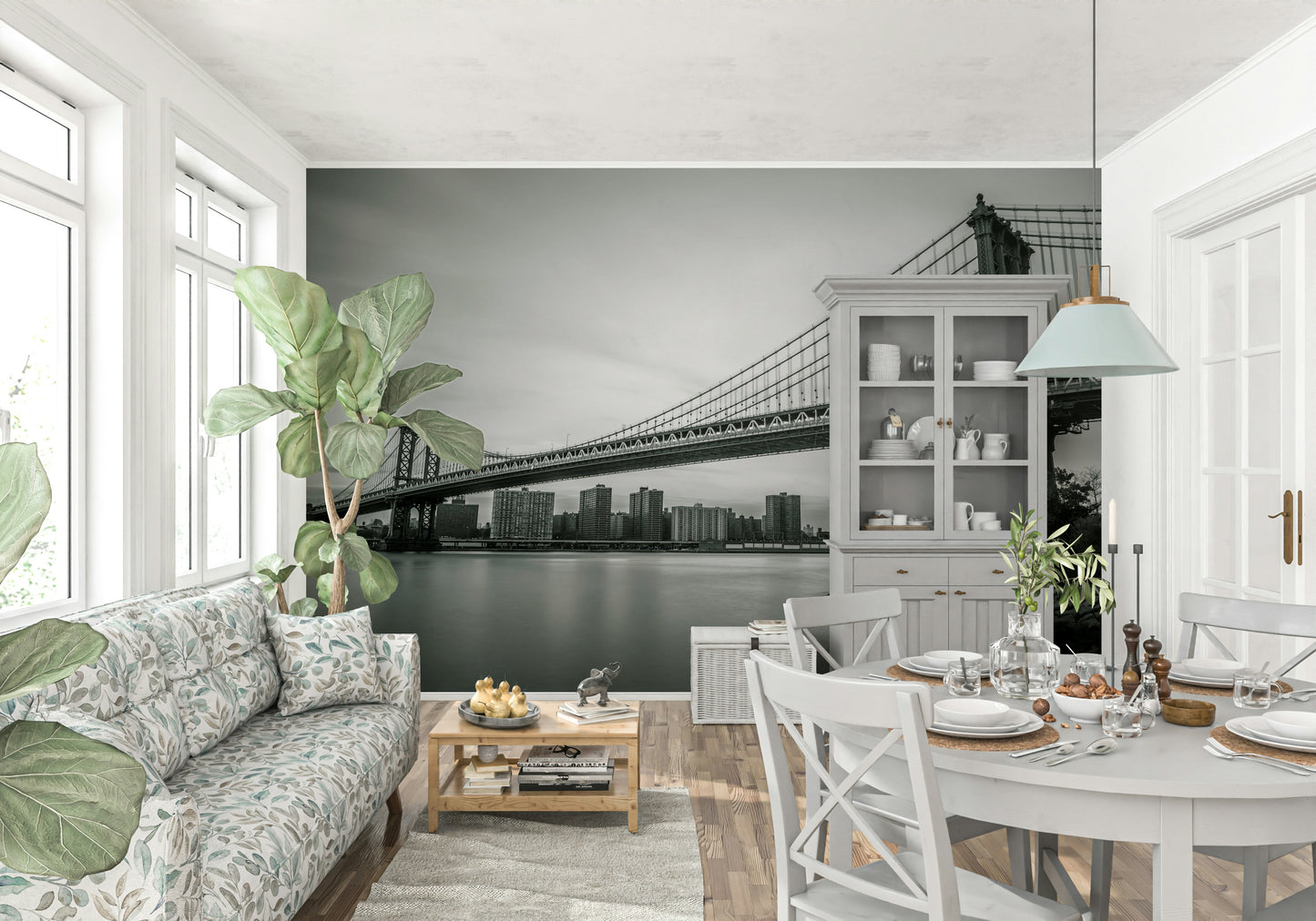 Bridge in Monochrome canvas Suspended roadway, solid stone base.