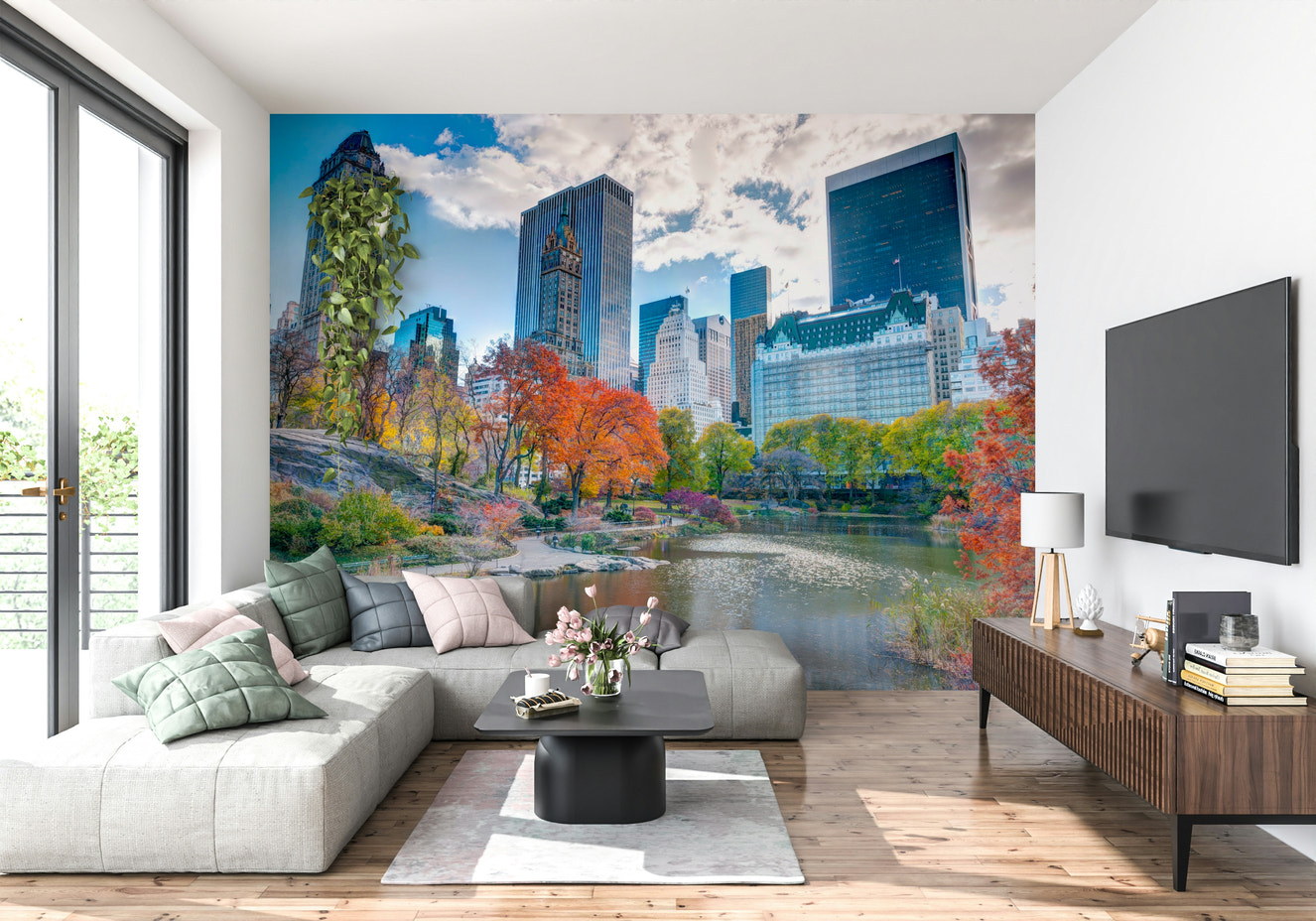 Autumn in the City wallpaper showing vibrant fall colors and architecture.