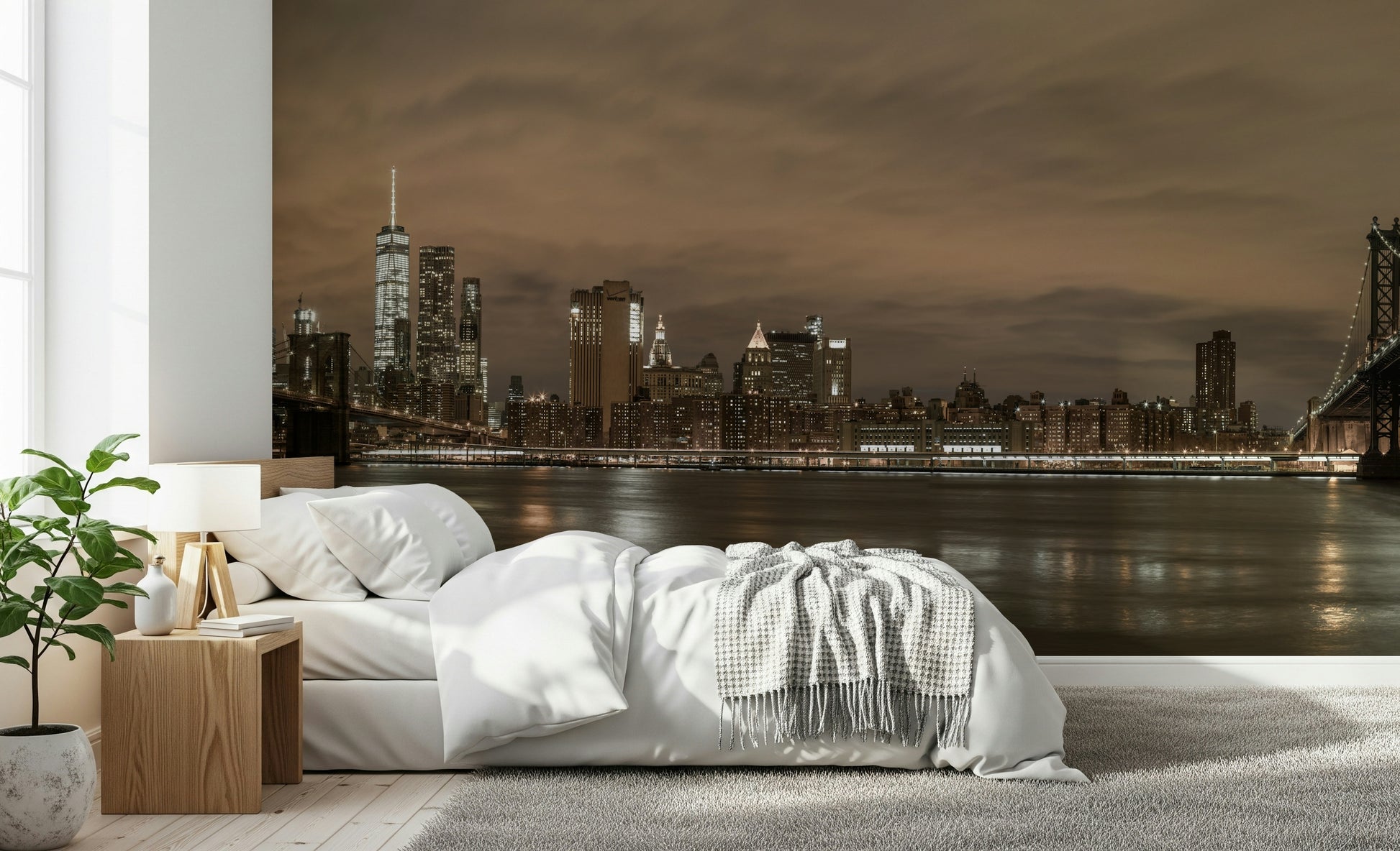 Panoramic wall mural, towering urban buildings and waterfront view design.