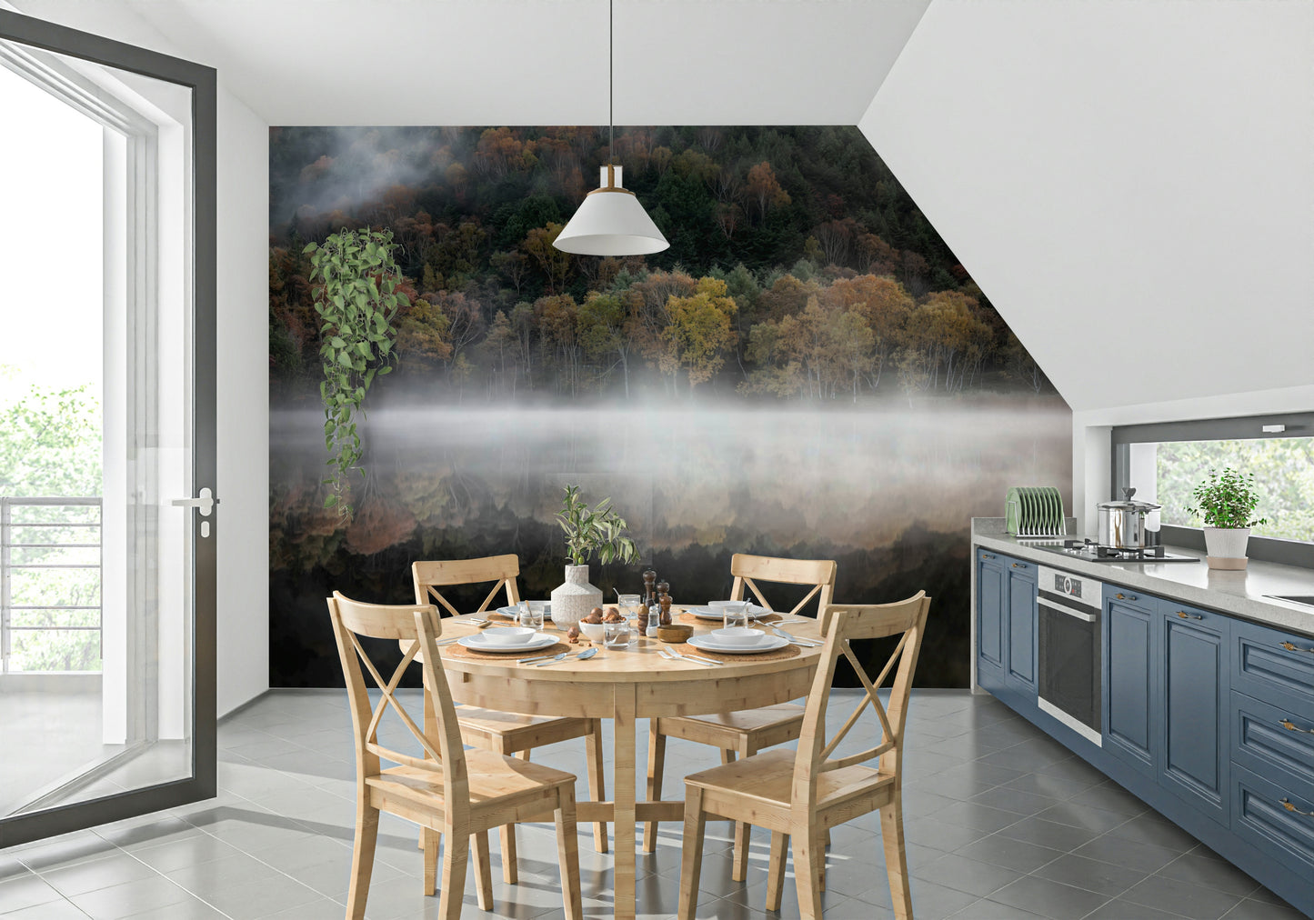 Mist-shrouded woodland wall mural, ethereal scene, warm foliage.